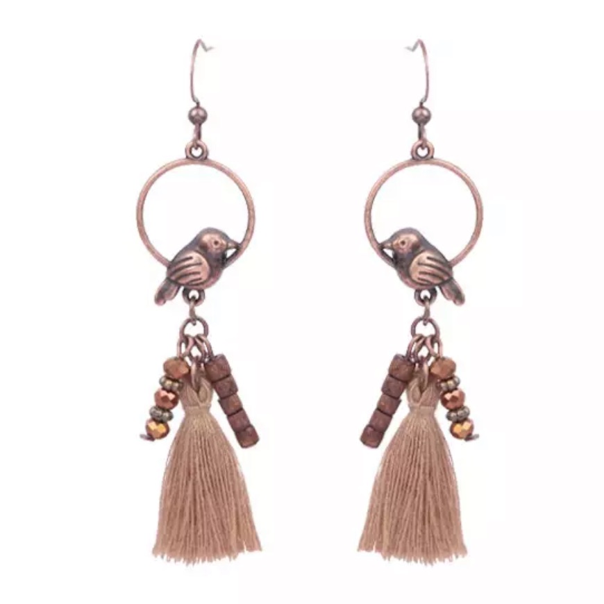 New Bohemian Bronze Perching Bird Tassel Beaded Dangle Earrings Artisan Ooak